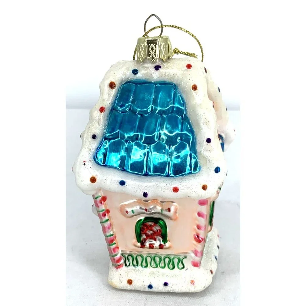 Lao Mai Pink Gingerbread House Glass Christmas Ornament 4 1/2” Tall - Picture 2 of 8